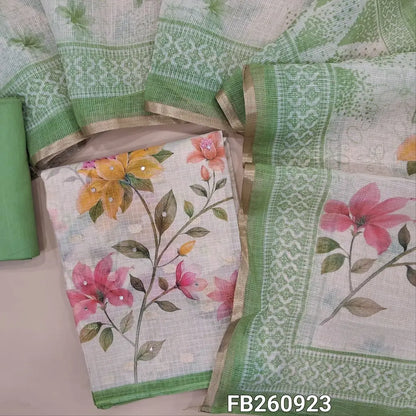 Premium half White kota silk cotton unstitched salwar material (lining needed) printed yoke with zardozi and faux mirror work, buttas all over, printed daman, green drum dyed pure cotton bottom, floral printed kota silk cotton dupatta. FB260923