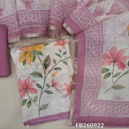 Premium half White kota silk cotton unstitched salwar material (lining needed) printed yoke with zardozi and faux mirror work, buttas all over, printed daman, pastel pink drum dyed pure cotton bottom, floral printed kota silk cotton dupatta. FB260922