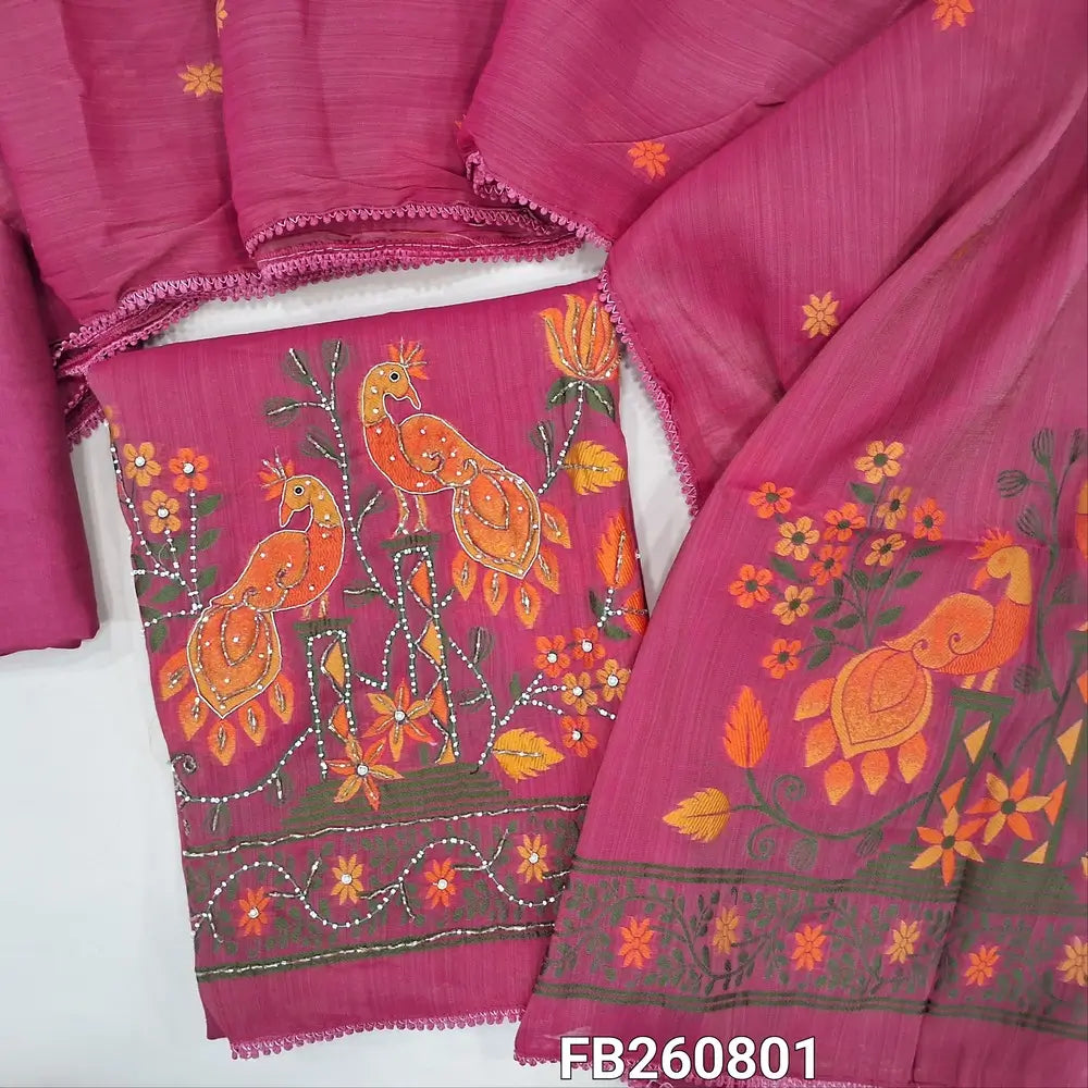 Pink silk cotton unstitched salwar material,(Lining Needed) thread woven yoke with bead work, jamdani weaving daman with zarodzi,cut bead &sugar bead on daman, santoon bottom, jamdani woven on short width silk cotton dupatta with  weaving pallu. FB260801