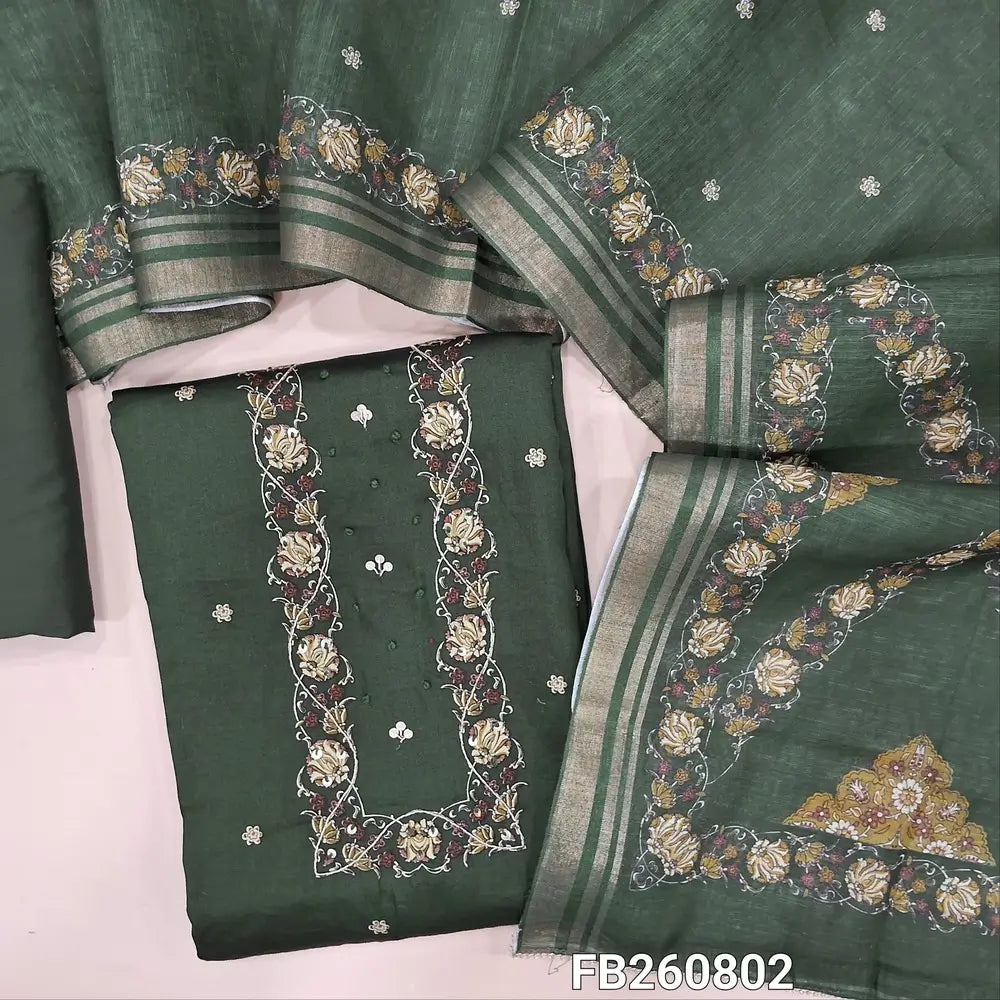 Dark green satin cotton unstitched salwar material,(Lining Optional) floral printed yoke with zarodzi and sequins, printed all over, spun cotton bottom, printed semi linen dupatta with tissue borders and tassles. FB260802
