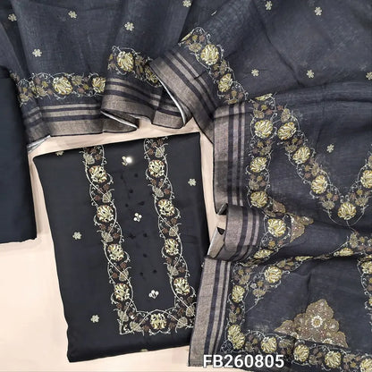 Black satin cotton unstitched salwar material,(Lining Optional) floral printed yoke with zarodzi and sequins, printed all over, spun cotton bottom, printed semi linen dupatta with tissue borders and tassles. FB260805
