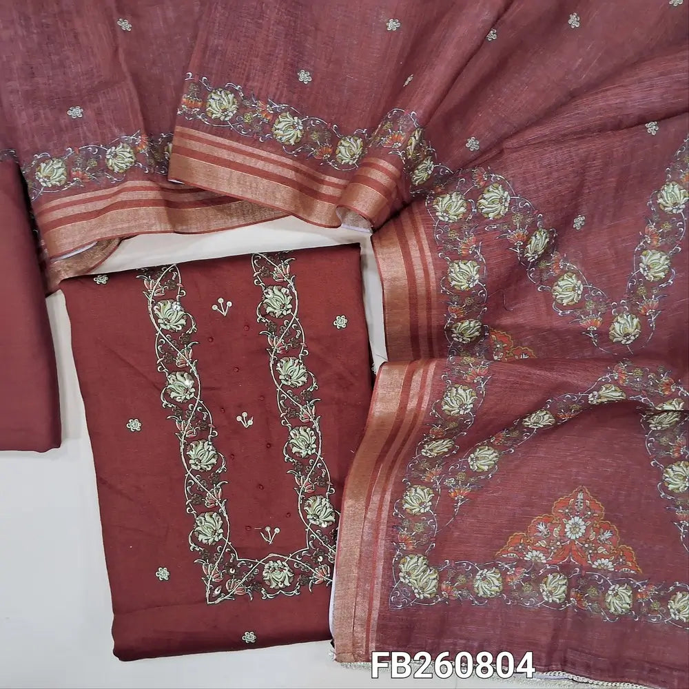 Dark maroon satin cotton unstitched salwar material,(Lining Optional) floral printed yoke with zarodzi and sequins, printed all over, spun cotton bottom, printed semi linen dupatta with tissue borders and tassles. FB260804