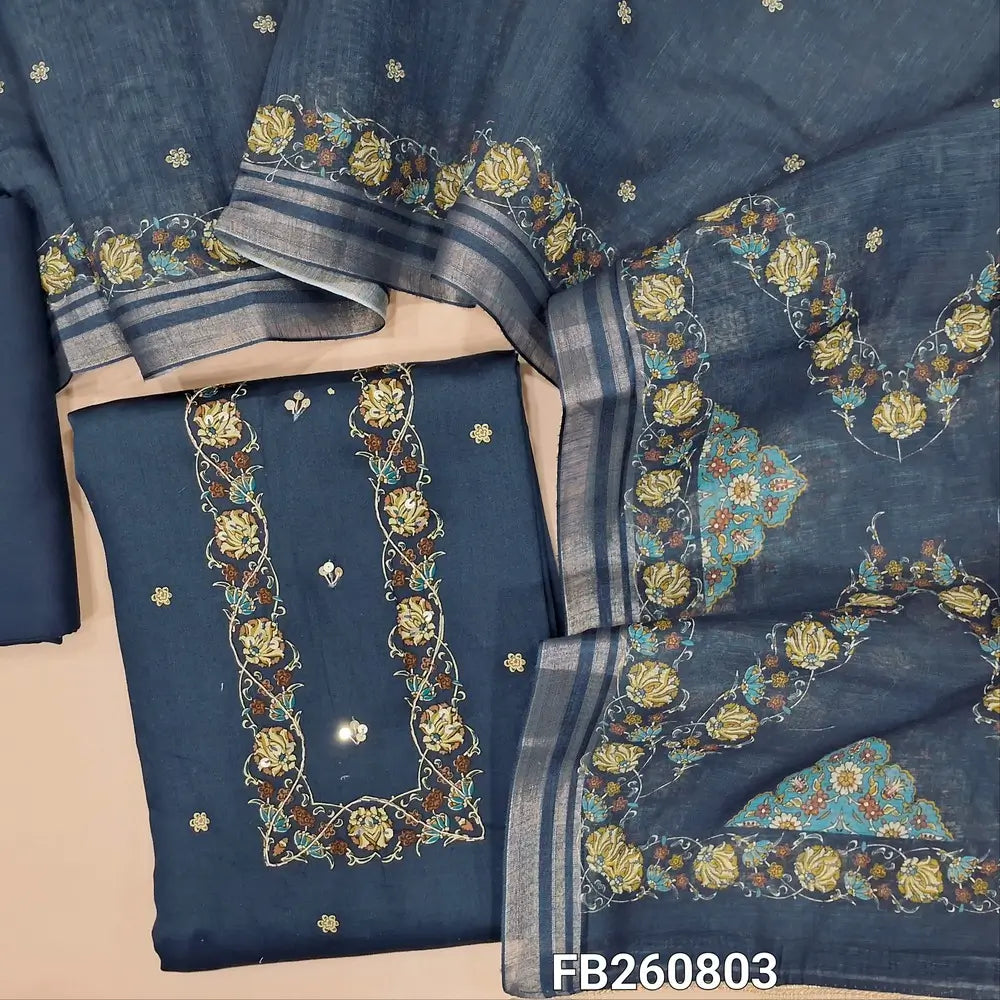 Dark blue satin cotton unstitched salwar material,(Lining Optional) floral printed yoke with zarodzi and sequins, printed all over, spun cotton bottom, printed semi linen dupatta with tissue borders and tassles. FB260803