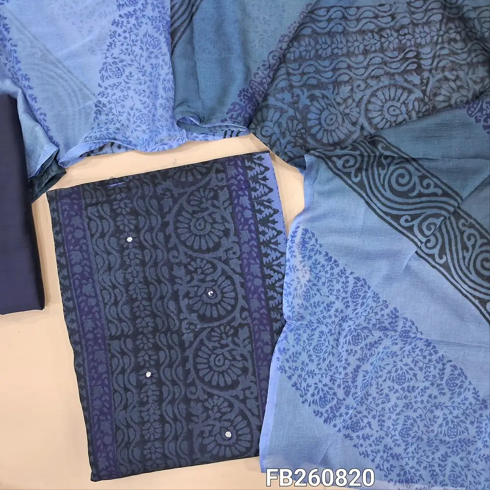 Dark blue & pastel blue block printed semi georgette unstitched salwar material,(flowy, lining needed)panel design, faux mirror work on front, silk cotton bottom, block printed dual shaded fancy chiffon dupatta.FB260820
