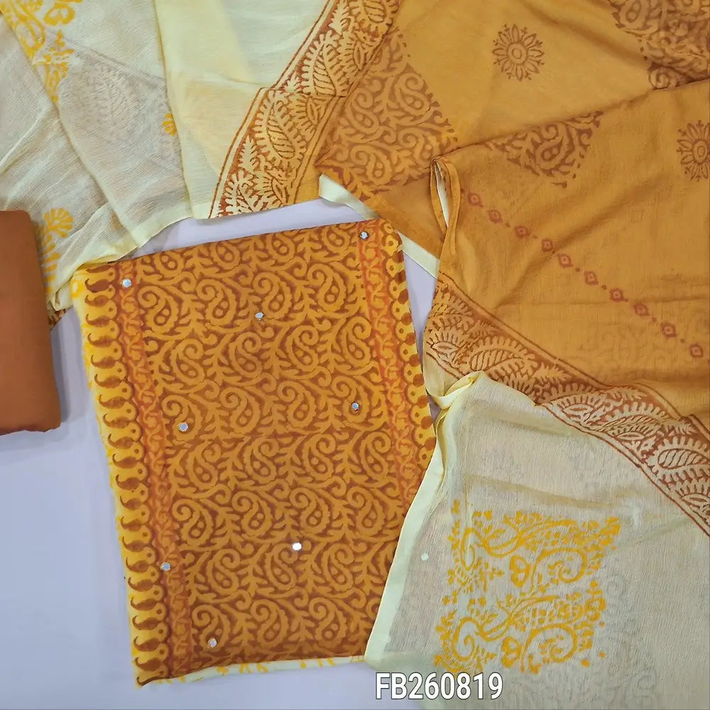 Mehandhi yellow & pastel yellow block printed semi georgette unstitched salwar material,(flowy, lining needed)panel design, faux mirror work on front, silk cotton bottom, block printed dual shaded fancy chiffon dupatta.FB260819