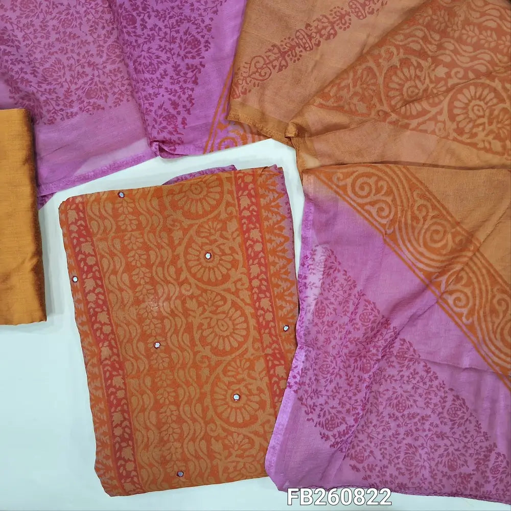 Honey brown & pink block printed semi georgette unstitched salwar material,(flowy, lining needed)panel design, faux mirror work on front, silk cotton bottom, block printed dual shaded fancy chiffon dupatta.FB260822