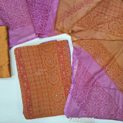 Honey brown & pink block printed semi georgette unstitched salwar material,(flowy, lining needed)panel design, faux mirror work on front, silk cotton bottom, block printed dual shaded fancy chiffon dupatta.FB260822