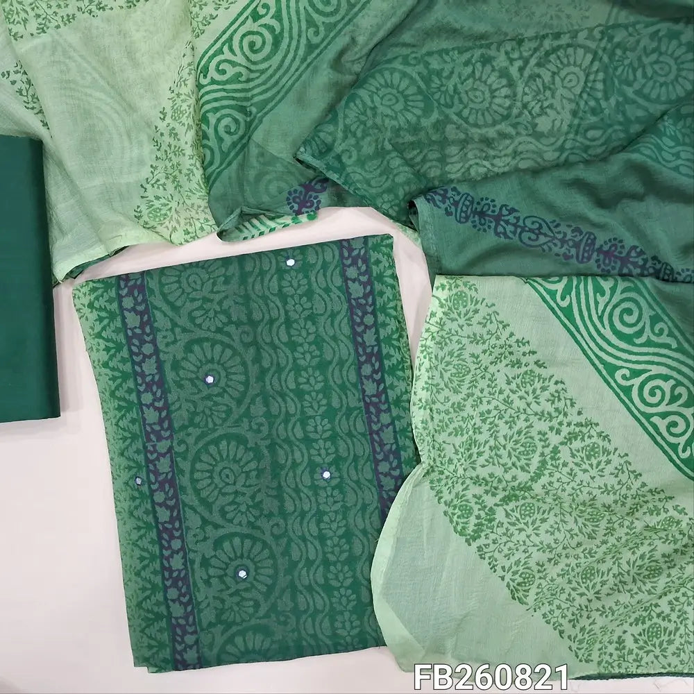 Dark green & pastel green block printed semi georgette unstitched salwar material,(flowy, lining needed)panel design, faux mirror work on front, silk cotton bottom, block printed dual shaded fancy chiffon dupatta.FB260821