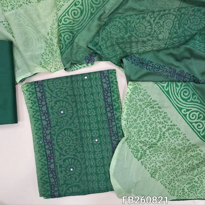 Dark green & pastel green block printed semi georgette unstitched salwar material,(flowy, lining needed)panel design, faux mirror work on front, silk cotton bottom, block printed dual shaded fancy chiffon dupatta.FB260821