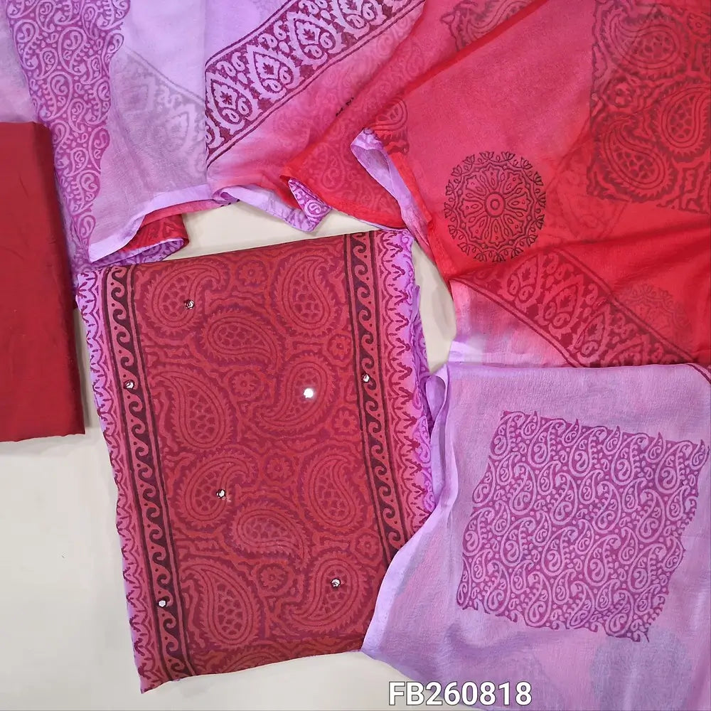 Brick red & pastel pink block printed semi georgette unstitched salwar material,(flowy, lining needed)panel design, faux mirror work on front, silk cotton bottom, block printed dual shaded fancy chiffon dupatta. FB260818