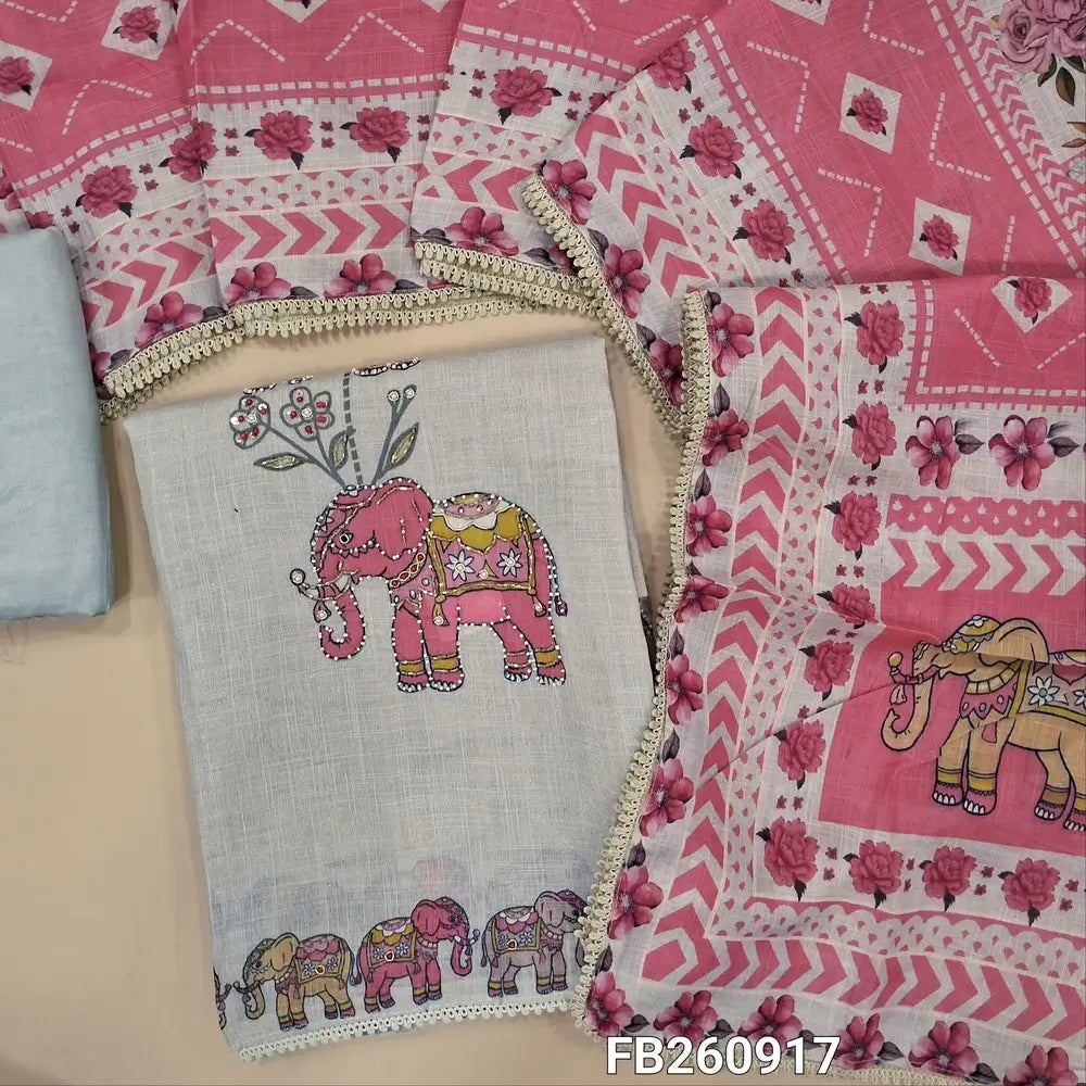 Light grey premium tissue linen unstitched salwar material, digital prints highlighted with bead and embroidery detailing (Textured, Lining Needed) spun cotton bottom, digital printed tissue linen short width dupatta. FB260917