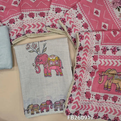 Light grey premium tissue linen unstitched salwar material, digital prints highlighted with bead and embroidery detailing (Textured, Lining Needed) spun cotton bottom, digital printed tissue linen short width dupatta. FB260917