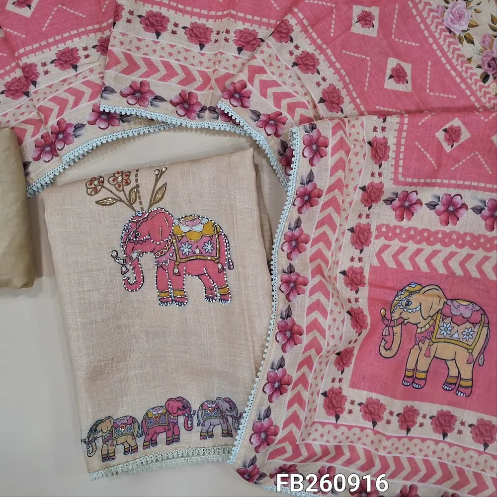 Rich Beige premium tissue linen unstitched salwar material, digital prints highlighted with bead and embroidery detailing (Textured, Lining Needed) spun cotton bottom, digital printed tissue linen short width dupatta. FB260916