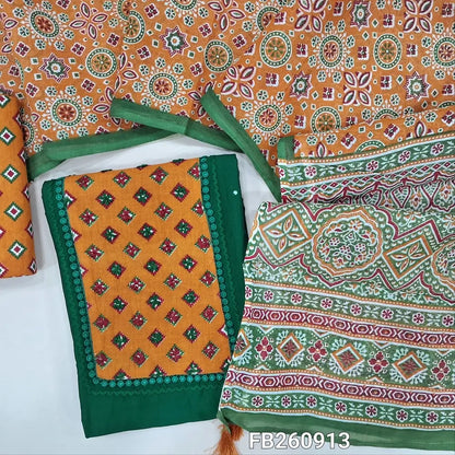 Dark Green mul chanderi unstitched salwar material, printed yoke with hand embroidery work (Thin, Lining Needed) printed cotton bottom, ajrakh printed mul cotton dupatta. FB260913