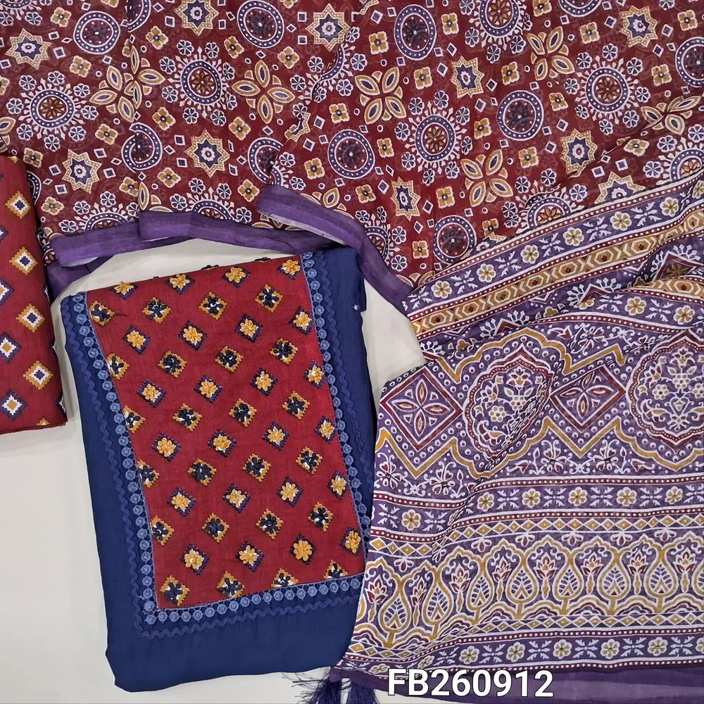 Dark blue mul chanderi unstitched salwar material, printed yoke with hand embroidery work (Thin, Lining Needed) printed cotton bottom, ajrakh printed mul cotton dupatta. FB260912