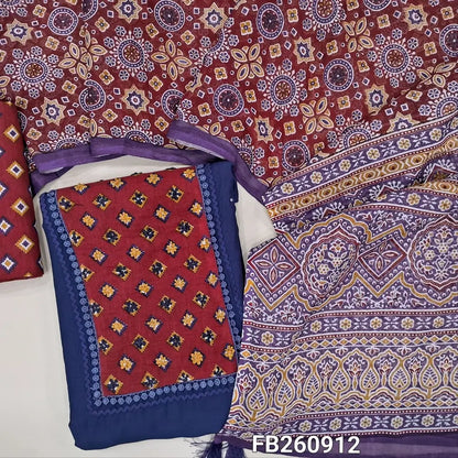 Dark blue mul chanderi unstitched salwar material, printed yoke with hand embroidery work (Thin, Lining Needed) printed cotton bottom, ajrakh printed mul cotton dupatta. FB260912