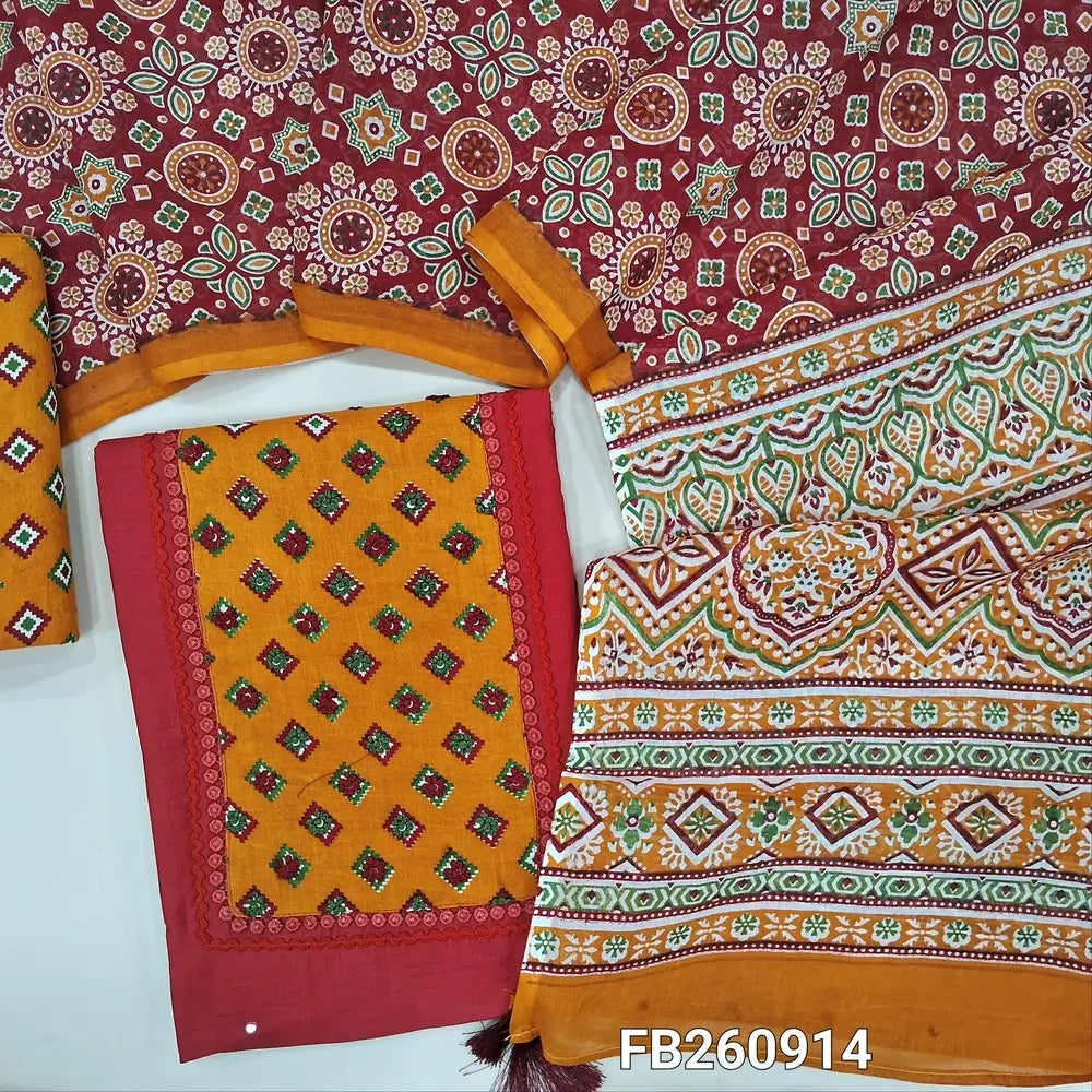 Reddish maroon mul chanderi unstitched salwar material, printed yoke with hand embroidery work (Thin, Lining Needed) printed cotton bottom, ajrakh printed mul cotton dupatta. FB260914