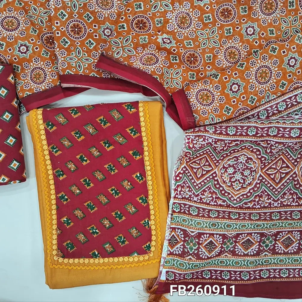 Mehandhi Yellow mul chanderi unstitched salwar material, printed yoke with hand embroidery work (Thin, Lining Needed) printed cotton bottom, ajrakh printed mul cotton dupatta. FB260911