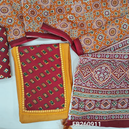 Mehandhi Yellow mul chanderi unstitched salwar material, printed yoke with hand embroidery work (Thin, Lining Needed) printed cotton bottom, ajrakh printed mul cotton dupatta. FB260911