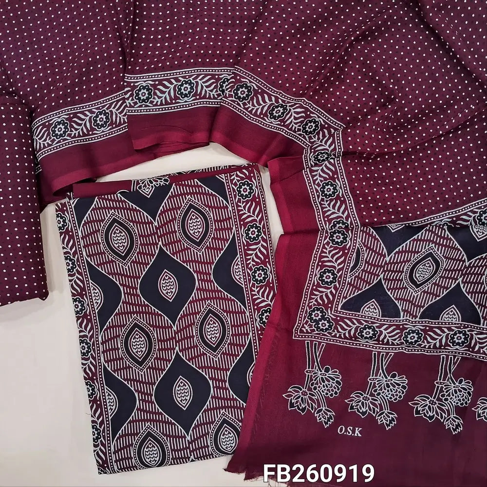 Dark maroon digitial printed unstitched salwar material (lining needed) panel design, printed rayon bottom, printed rayon dupatta (TAPING NEEDED). FB260919