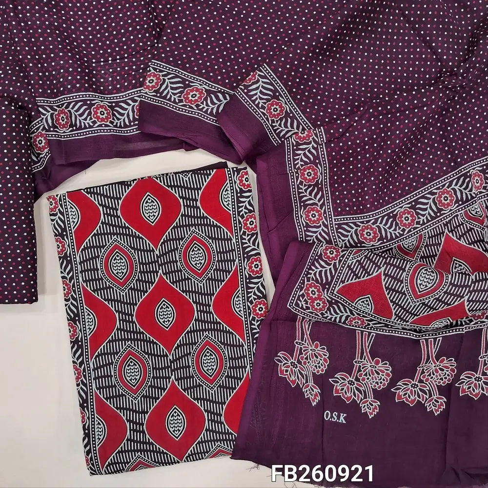 Deep wine purple digitial printed unstitched salwar material (lining needed) panel design, printed rayon bottom, printed rayon dupatta (TAPING NEEDED). FB260921