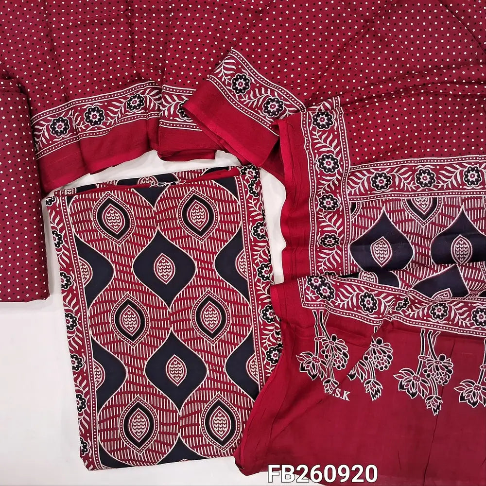 Reddish Maroon digitial printed unstitched salwar material (lining needed) panel design, printed rayon bottom, printed rayon dupatta (TAPING NEEDED). FB260920