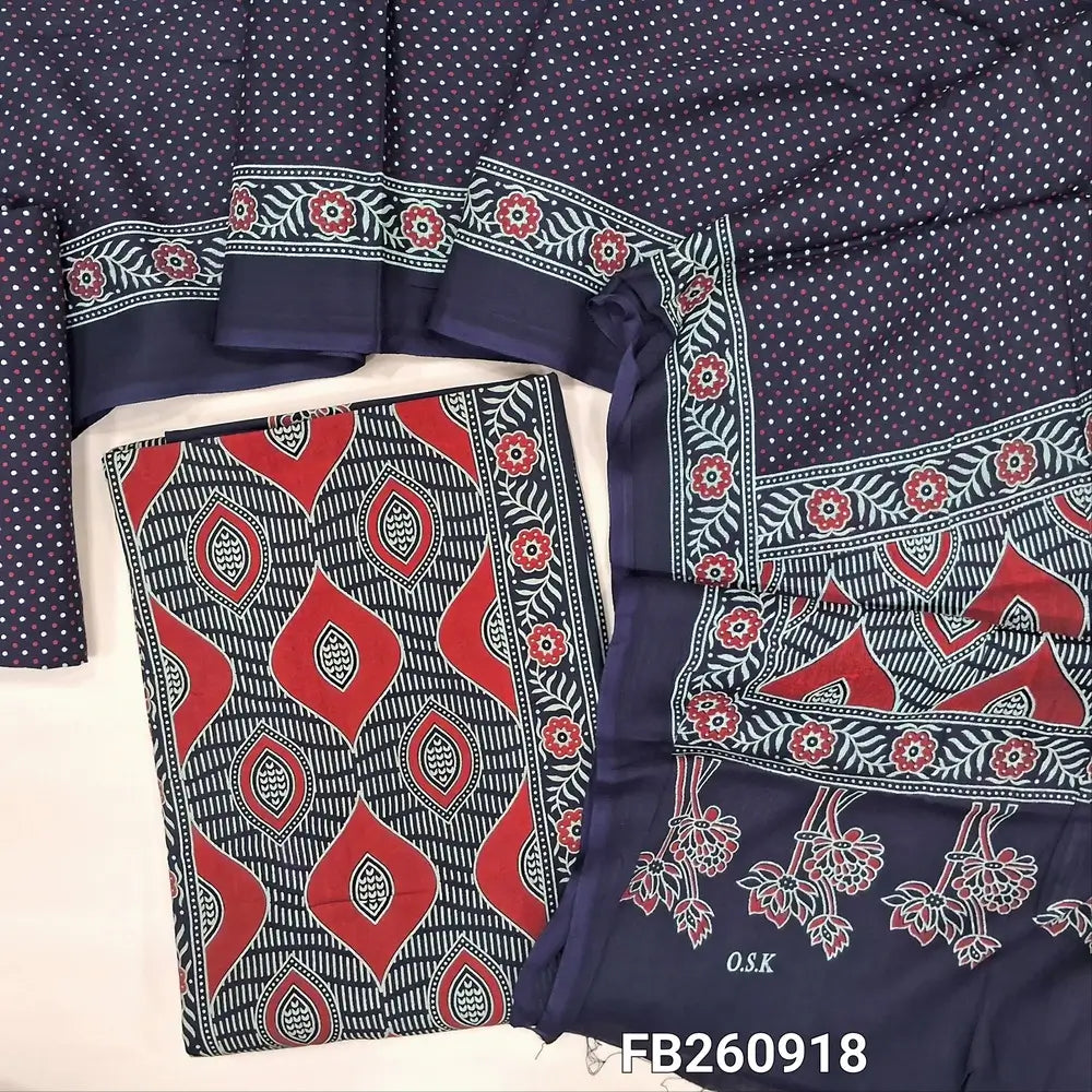 Dark blue digitial printed unstitched salwar material (lining needed) panel design, printed rayon bottom, printed rayon dupatta (TAPING NEEDED). FB260918