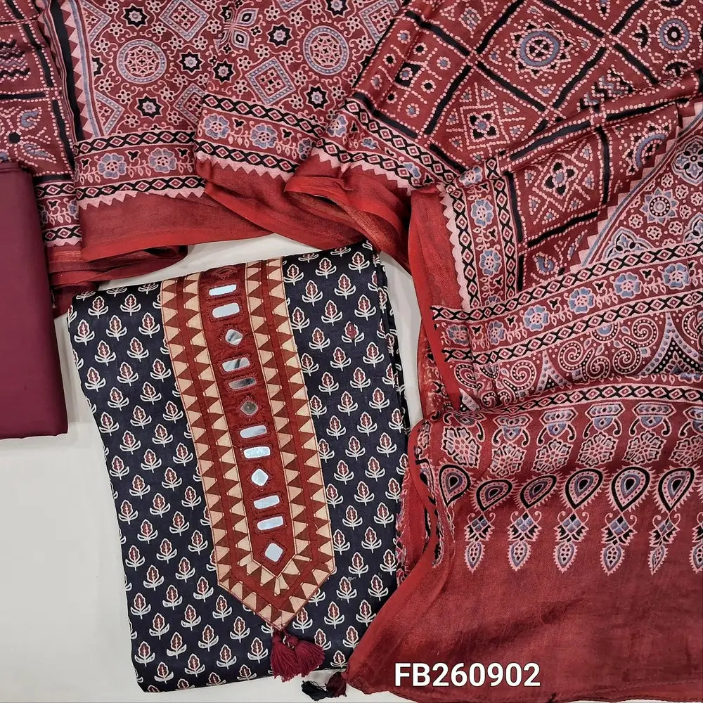 Black pure gaiji silk unstitched salwar material (HEAVY FABRIC)real mirror on yoke,ajrak hand block prints allover, dark maroon cotton bottom,original ajrak block printed pure gaiji silk dupatta with tassles.(DRY CLEAN NEEDED) FB260905