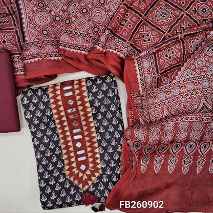 Black pure gaiji silk unstitched salwar material (HEAVY FABRIC)real mirror on yoke,ajrak hand block prints allover, dark maroon cotton bottom,original ajrak block printed pure gaiji silk dupatta with tassles.(DRY CLEAN NEEDED) FB260905