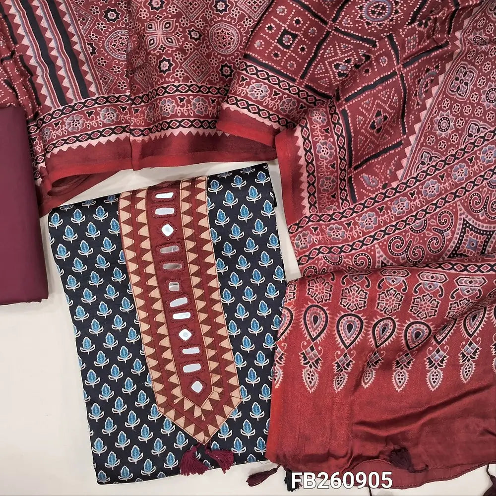 Black pure gaiji silk unstitched salwar material (HEAVY FABRIC)real mirror on yoke,ajrak hand block prints allover, dark maroon cotton bottom,original ajrak block printed pure gaiji silk dupatta with tassles.(DRY CLEAN NEEDED) FB260902