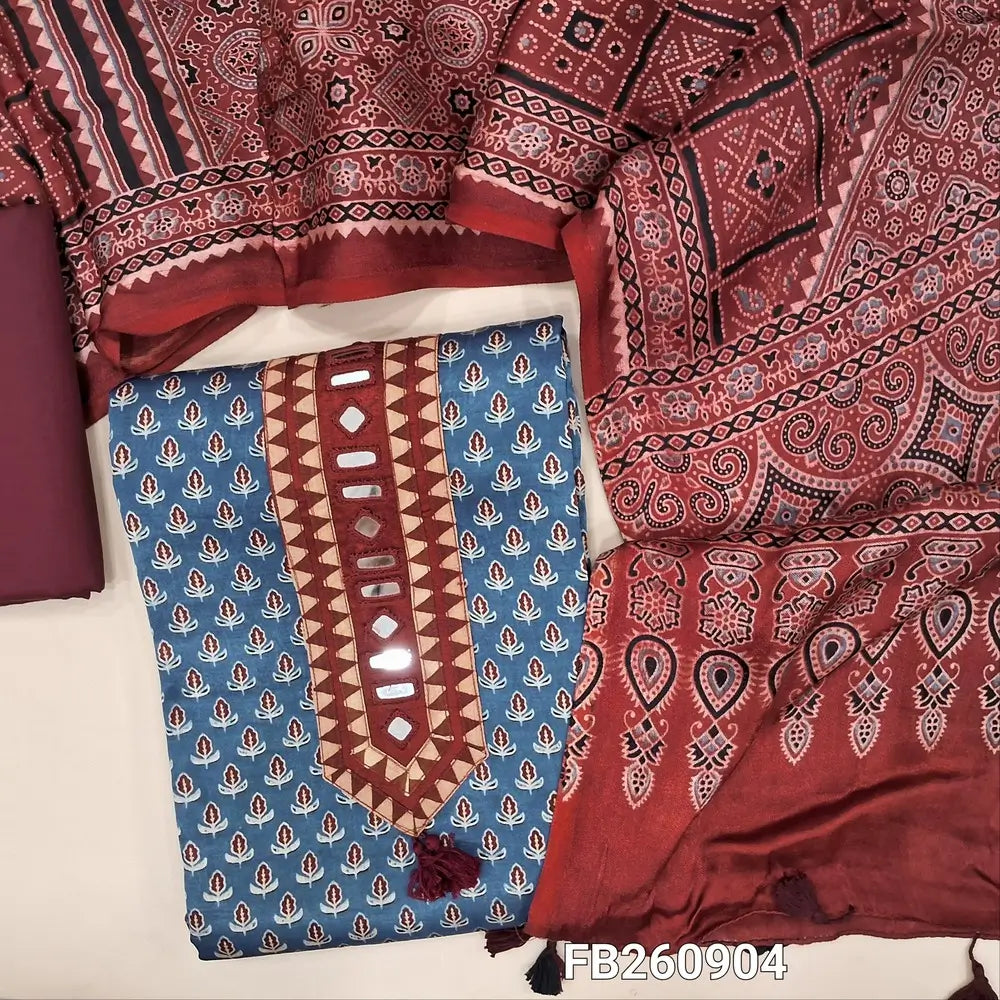 Indigo blue pure gaiji silk unstitched salwar material (HEAVY FABRIC)real mirror on yoke,ajrak hand block prints allover, reddish maroon cotton bottom,original ajrak block printed pure gaiji silk dupatta with tassles.(DRY CLEAN NEEDED) FB260904