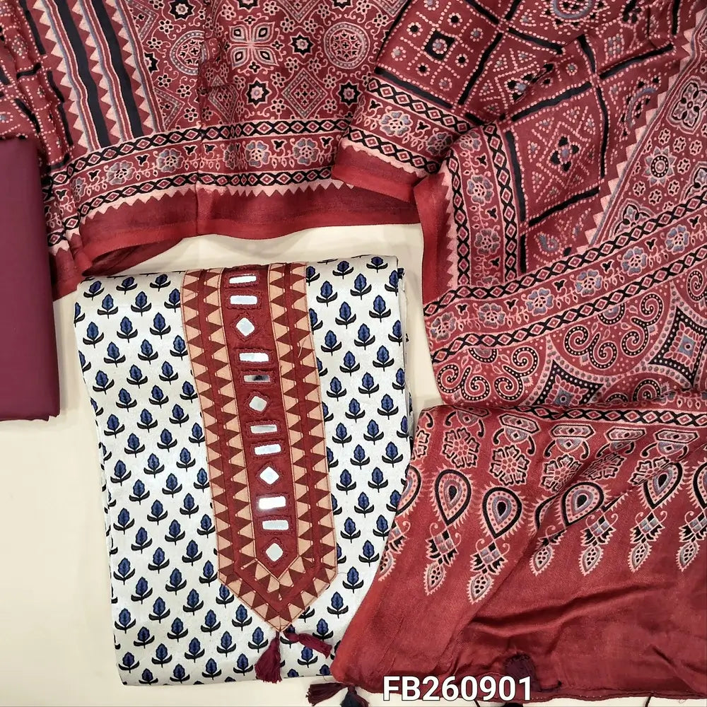 Half white  pure gaiji silk unstitched salwar material (HEAVY FABRIC)real mirror on yoke,ajrak hand block prints allover, dark maroon cotton bottom,original ajrak block printed pure gaiji silk dupatta with tassles.(DRY CLEAN NEEDED) FB260901
