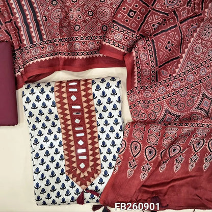 Half white  pure gaiji silk unstitched salwar material (HEAVY FABRIC)real mirror on yoke,ajrak hand block prints allover, dark maroon cotton bottom,original ajrak block printed pure gaiji silk dupatta with tassles.(DRY CLEAN NEEDED) FB260901