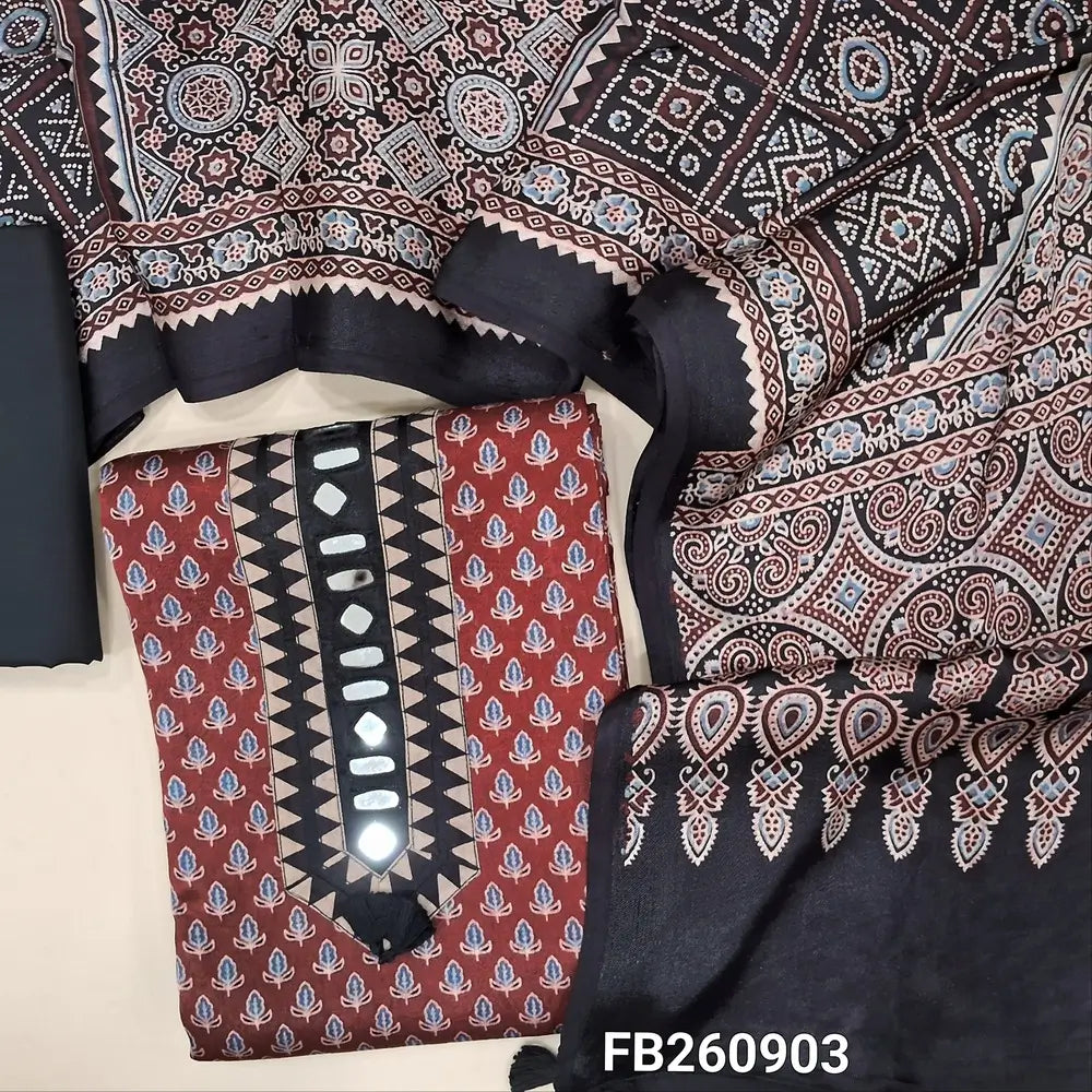 Dark maroon pure gaiji silk unstitched salwar material (HEAVY FABRIC)real mirror on yoke,ajrak hand block prints allover, black cotton bottom,original ajrak block printed pure gaiji silk dupatta with tassles.(DRY CLEAN NEEDED) FB260903