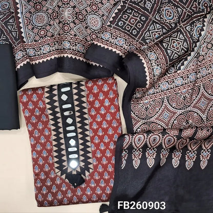 Dark maroon pure gaiji silk unstitched salwar material (HEAVY FABRIC)real mirror on yoke,ajrak hand block prints allover, black cotton bottom,original ajrak block printed pure gaiji silk dupatta with tassles.(DRY CLEAN NEEDED) FB260903