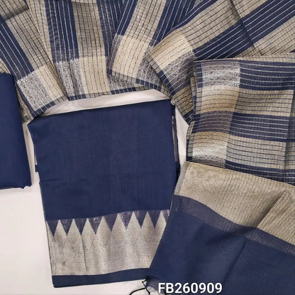 Dark blue semi maheshwari silk cotton unstitched salwar material (Lightweight, Lining Needed) Zari woven daman, matching silk cotton ottom, tissue silk cotton dupatta with tissue and borders. FB260909