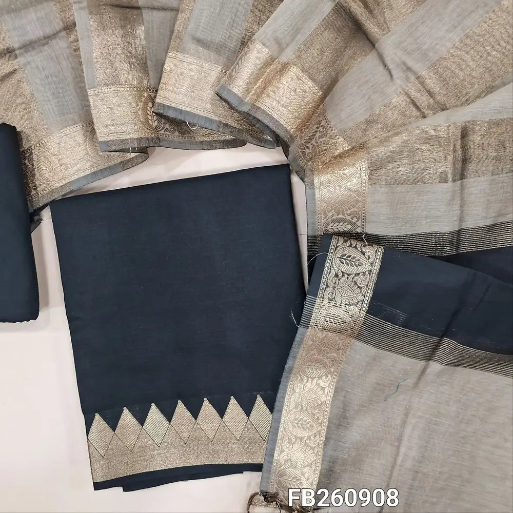 Black semi maheshwari silk cotton unstitched salwar material (Lightweight, Lining Needed) Zari woven daman, matching silk cotton ottom, tissue silk cotton dupatta with tissue and borders. FB260908