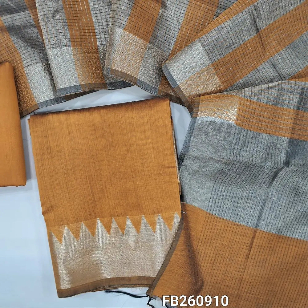 Mehandhi yellow semi maheshwari silk cotton unstitched salwar material (Lightweight, Lining Needed) Zari woven daman, matching silk cotton ottom, tissue silk cotton dupatta with tissue and borders. FB260910