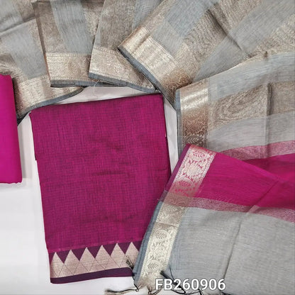 Dark beetroot purple semi maheshwari silk cotton unstitched salwar material (Lightweight, Lining Needed) Zari woven daman, matching silk cotton ottom, tissue silk cotton dupatta with tissue and borders. FB260906