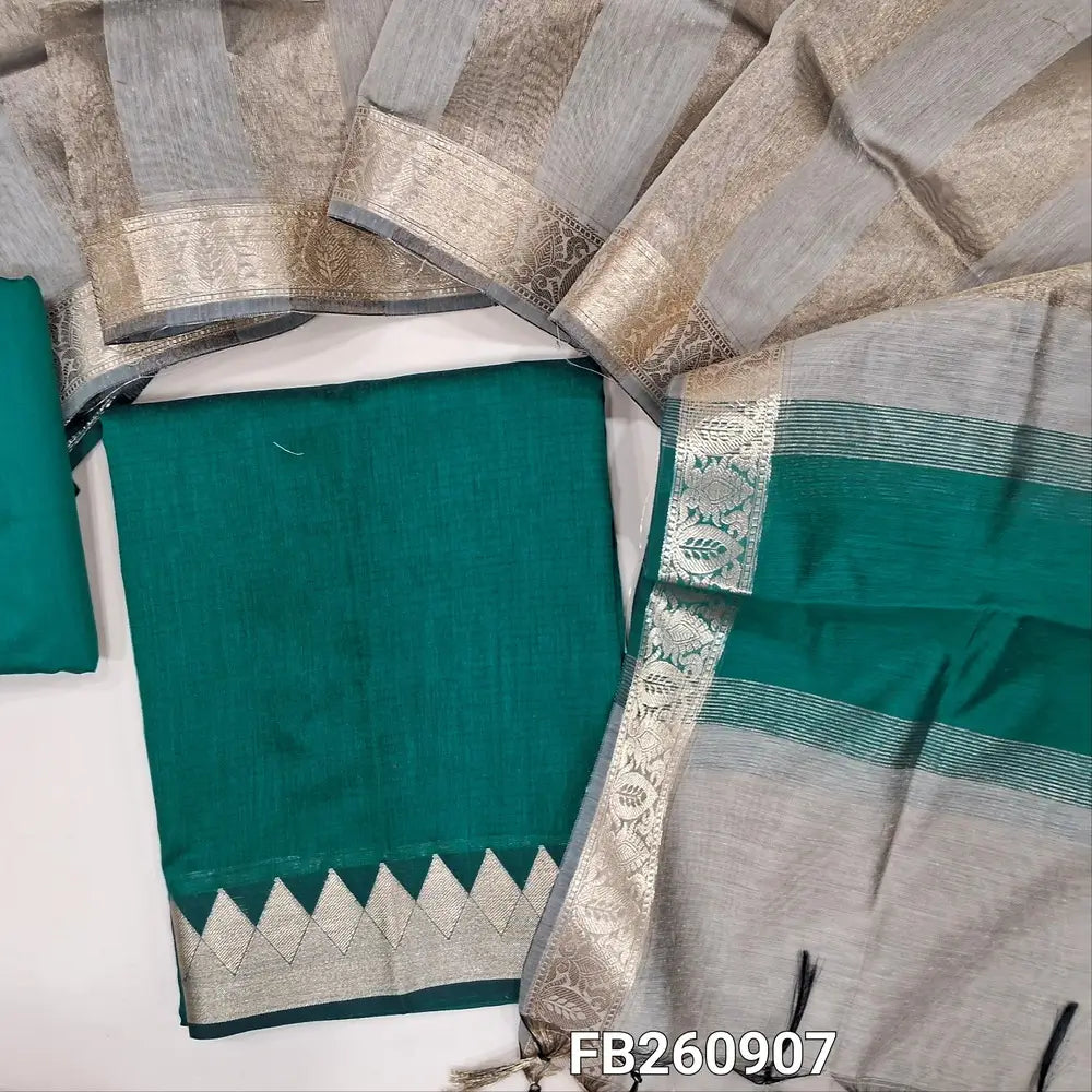 Dark teal green semi maheshwari silk cotton unstitched salwar material (Lightweight, Lining Needed) Zari woven daman, matching silk cotton ottom, tissue silk cotton dupatta with tissue and borders. FB260907