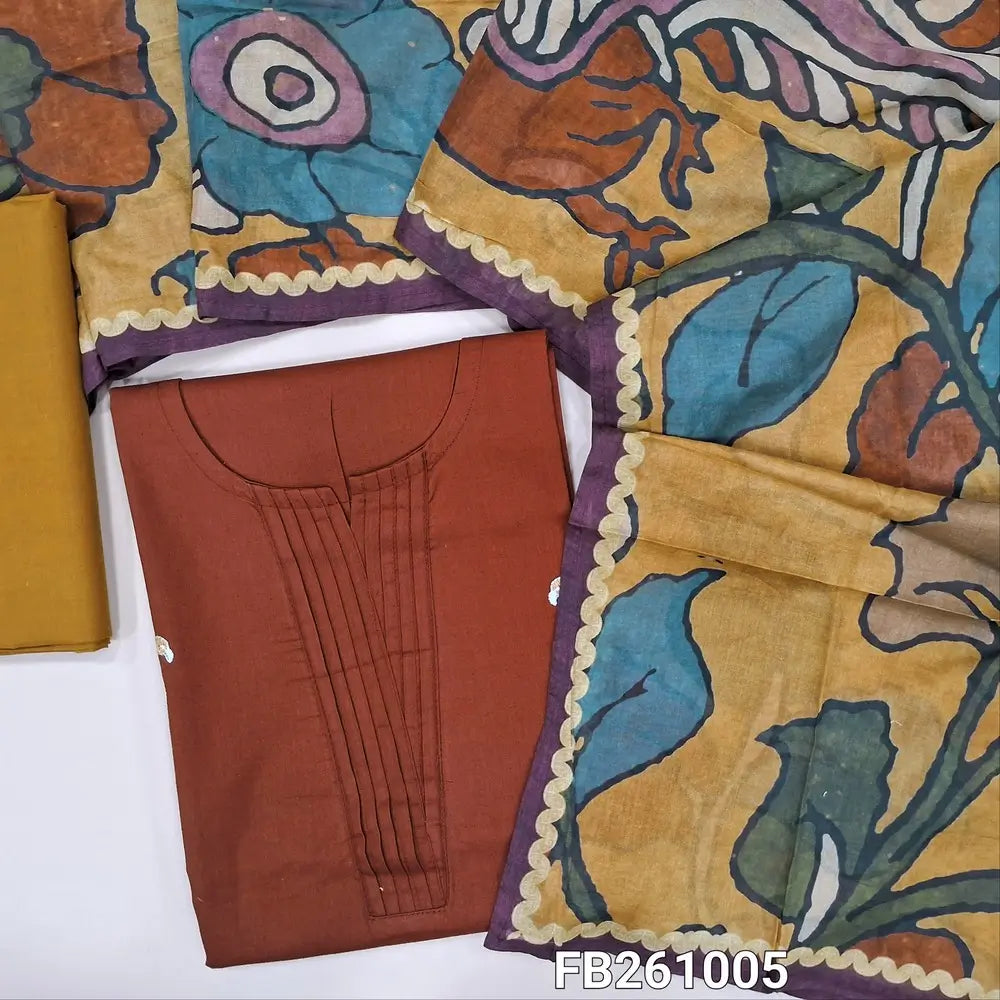 Dark brick red cotton unstitched salwar material (Lining optional) simple embroidery on front, round notch neck,mehandi yellow cotton bottom, colorful kalamkari printed mul cotton stole. FB261005