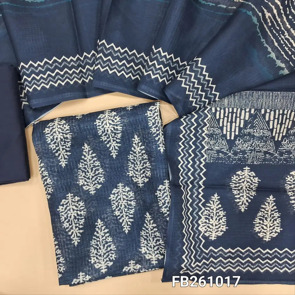 Dark Blue printed fancy kota silk cotton unstitched salwar material(thin, lining needed)matching silk cotton bottom, printed fancy kota silk cotton dupatta. FB261017