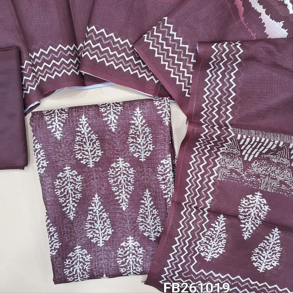 Deep wine purple printed fancy kota silk cotton unstitched salwar material(thin, lining needed)matching silk cotton bottom, printed fancy kota silk cotton dupatta. FB261019