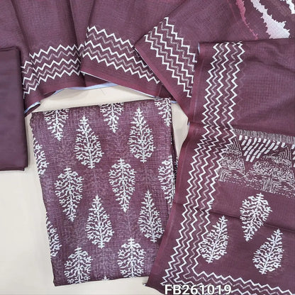 Deep wine purple printed fancy kota silk cotton unstitched salwar material(thin, lining needed)matching silk cotton bottom, printed fancy kota silk cotton dupatta. FB261019