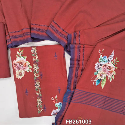 Brick red handloom cotton unstitched salwar material (Lining optional)embroidery yoke, applique work and thread weaving all over, matching cotton bottom, applique work on handloom cotton dupatta with thread woven borders (TAPPING REQUIRED). FB261003