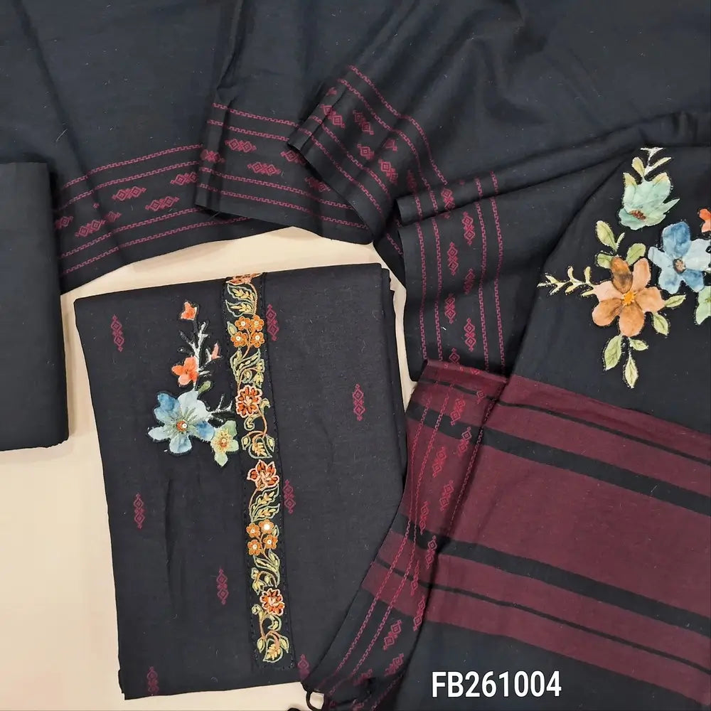 Black handloom cotton unstitched salwar material (Lining optional)embroidery yoke, applique work and thread weaving all over, matching cotton bottom, applique work on handloom cotton dupatta with thread woven borders (TAPPING REQUIRED). FB261004