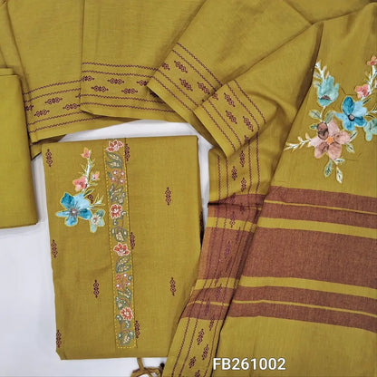 Mehandhi green handloom cotton unstitched salwar material (Lining optional)embroidery yoke, applique work and thread weaving all over, matching cotton bottom, applique work on handloom cotton dupatta with thread woven borders (TAPPING REQUIRED). FB261002