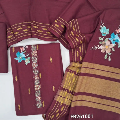 Dark maroon handloom cotton unstitched salwar material (Lining optional)embroidery yoke, applique work and thread weaving all over, matching cotton bottom, applique work on handloom cotton dupatta with thread woven borders (TAPPING REQUIRED). FB261001