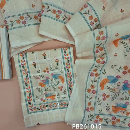Half white with yellow tint  semi linen unstitched salwar material (lining needed)printed yoke with zari and real mirror work, self checked design all over, printed daman, printed cotton bottom, printed semi linen dupatta. FB261015