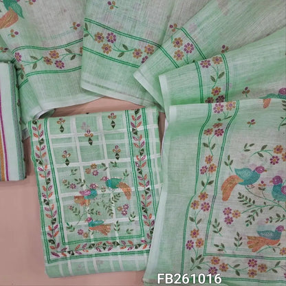 Sea green semi linen unstitched salwar material (lining needed)printed yoke with zari and real mirror work, self checked design all over, printed daman, printed cotton bottom, printed semi linen dupatta. FB261016